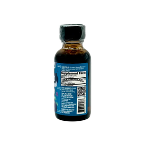 Dark liquid supplement bottle.