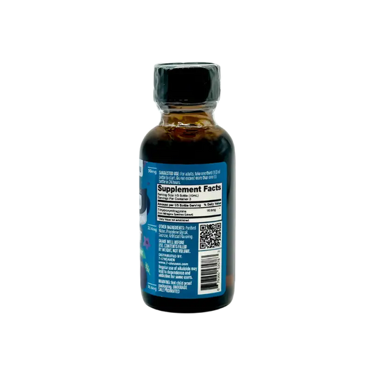 Dark liquid supplement bottle.