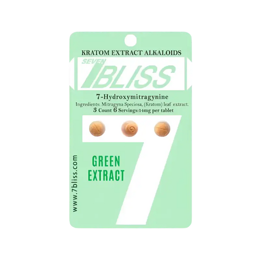 A green and white package of Bliss Kratom extract alkaloids containing 7-hydroxymitragynine.