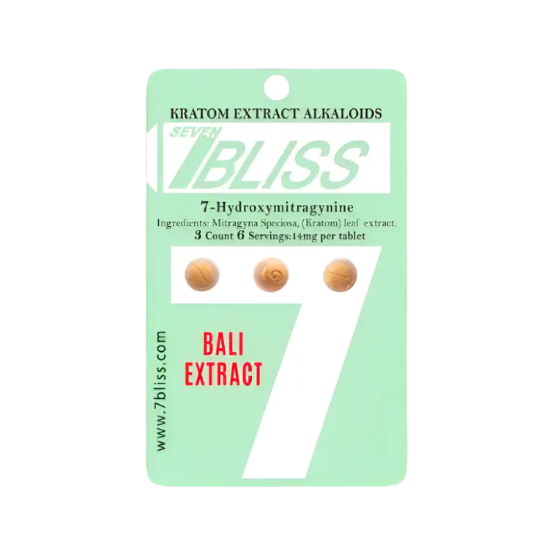 A green retail package containing Kratom extract alkaloid tablets labeled ’7BLISS Bali Extract.’