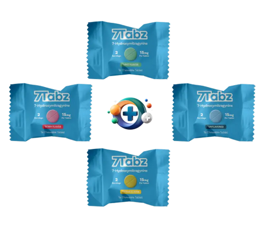 Four blue wrapped 7Labz supplement tablets arranged around a colorful medical cross logo.