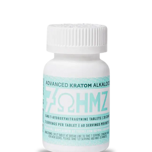 White bottle of kratom tablets.