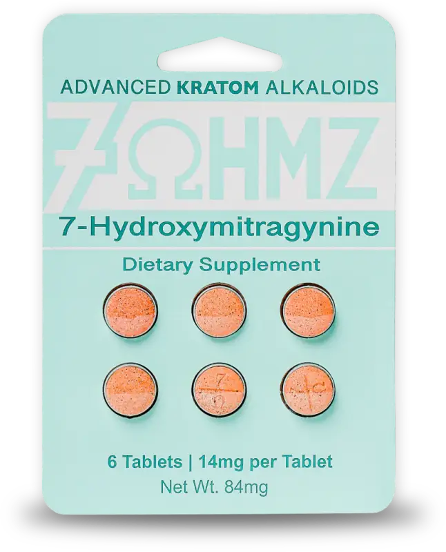 Blister pack of 7-Hydroxymitragynine kratom tablets containing 6 orange-colored pills.