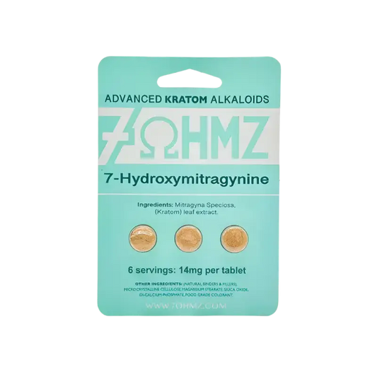 Mint green package of 7-OHMZ advanced kratom alkaloid tablets containing 6 servings.