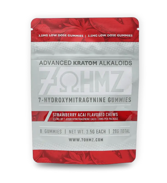 Red and white resealable pouch containing Zōhmz brand kratom alkaloid gummies.