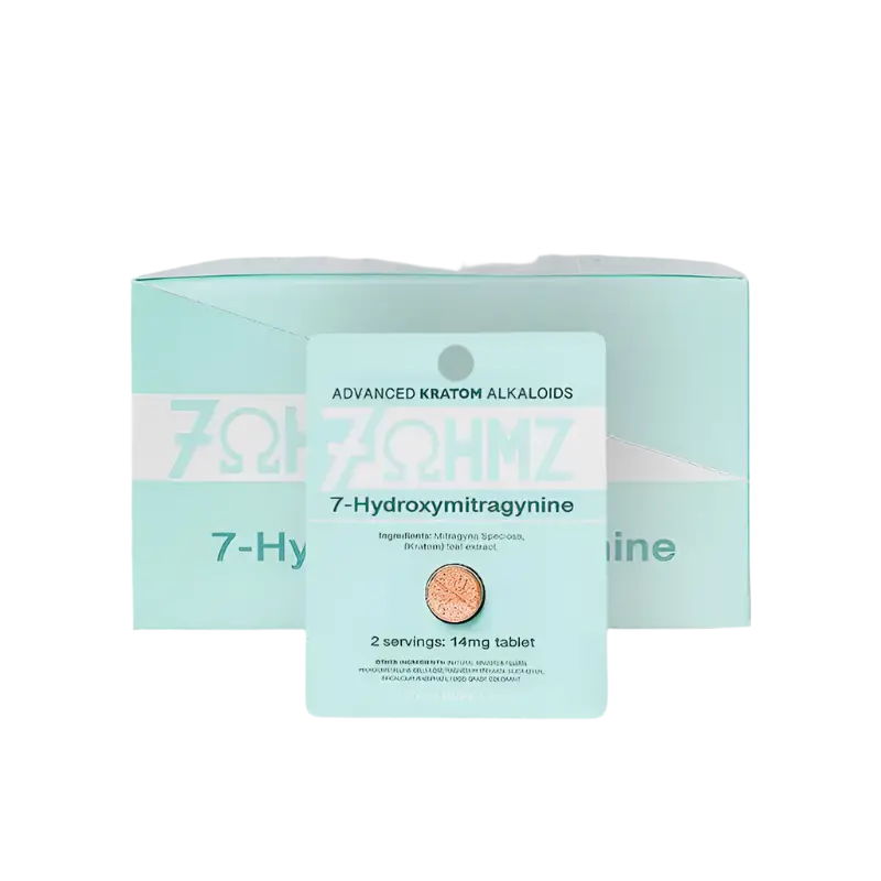 Light turquoise-colored product box labeled ’7-Hydroxymitragynine’ with text about kratom alkaloids.