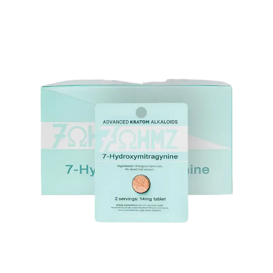 Light turquoise-colored product box labeled ’7-Hydroxymitragynine’ with text about kratom alkaloids.