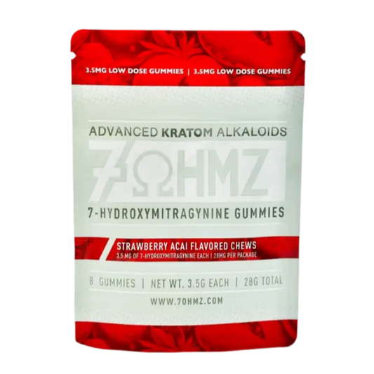 Red and white package of 7-hydroxymitragynine kratom gummies with strawberry acai flavor.