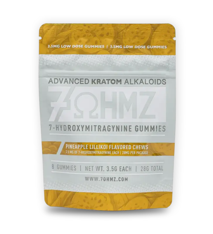 Gold and white resealable pouch containing kratom alkaloid gummies with pineapple-lillikoi flavor.