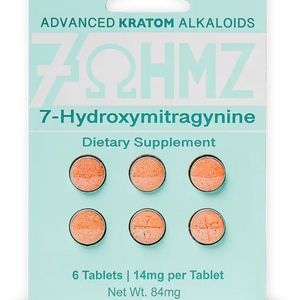 Blister pack of 7-Hydroxymitragynine kratom tablets containing 6 orange-colored pills.