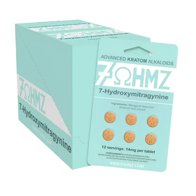 Mint green product box and packet labeled ’7OHMZ’ containing 7-Hydroxymitragynine kratom alkaloids.