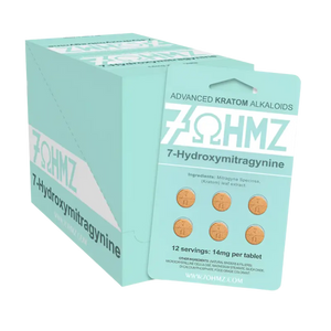 Mint green product box and packet labeled ’7OHMZ’ containing 7-Hydroxymitragynine kratom alkaloids.