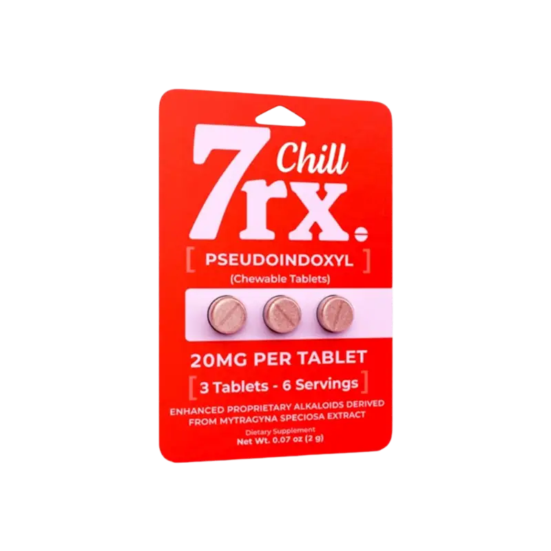 Red blister pack containing 3 tablets labeled ’7rx Chill Pseudoindoxyl 20mg’.