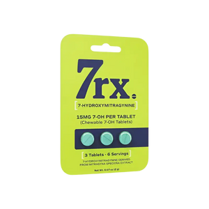 A yellow-green blister pack containing three blue-green tablets labeled ’7rx’ with dosage information.