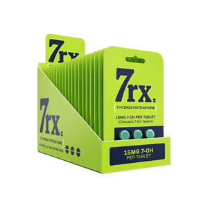 Bright green retail display box containing 7rx tablets or supplements.