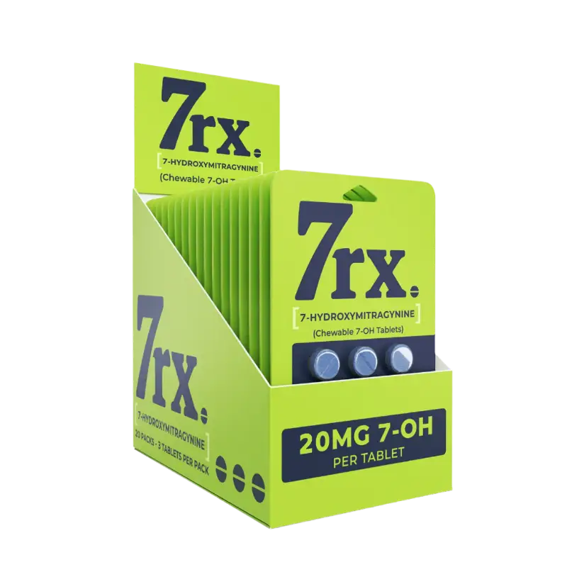 Bright green product box labeled ’7rx’ containing tablets with ’20MG 7-OH’ dosage information.