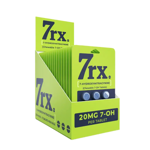 Bright green product box labeled ’7rx’ containing tablets with ’20MG 7-OH’ dosage information.