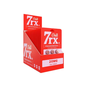 Red product display box labeled ’7 Chill rx’ with 20mg dosage information.