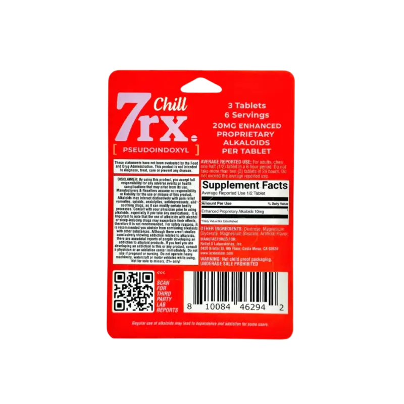 Red blister pack of ’7rx Chill’ supplement tablets with product information and a QR code.