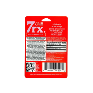 Red blister pack of ’7rx Chill’ supplement tablets with product information and a QR code.