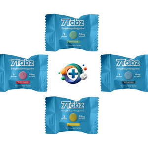 Four blue wrapped 7Labz supplement tablets arranged around a colorful medical cross logo.