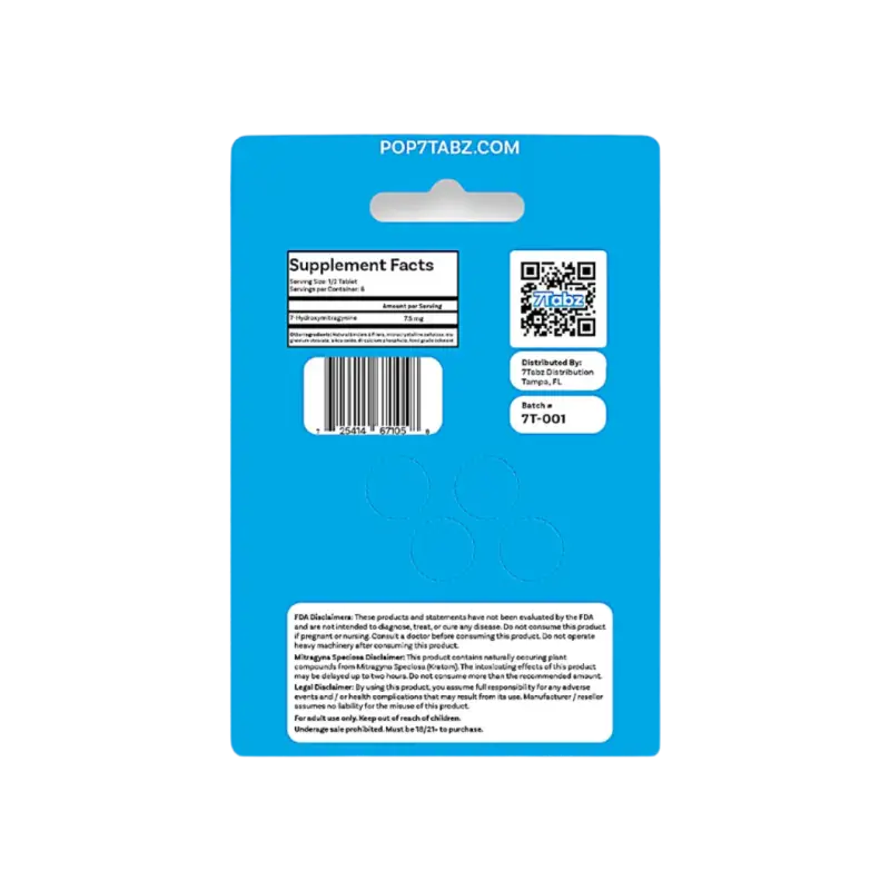 Blue product packaging card with supplement facts, barcode, and QR code.