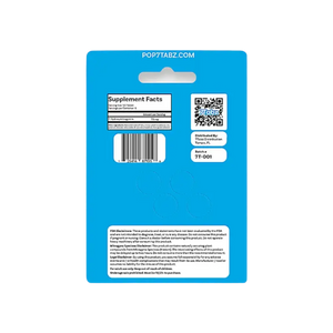 Blue product packaging card with supplement facts, barcode, and QR code.