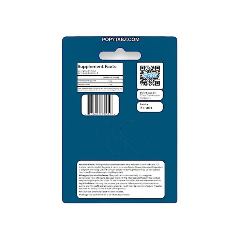 Blue product packaging card with a QR code, barcode, and supplement facts label.