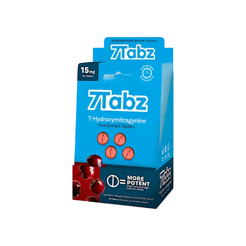 Blue product box labeled ’7Tabz’ with red pill illustrations on the packaging.