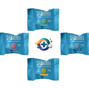 Four blue wrapped 7Labz supplement tablets arranged around a colorful medical cross logo.