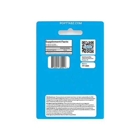 Blue product packaging card with supplement facts, barcode, and QR code.