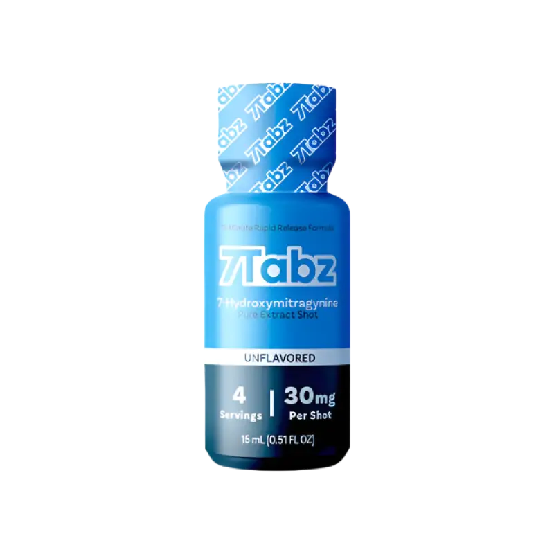 Blue plastic bottle of 7Tabz supplement containing 4 servings at 30mg per shot.