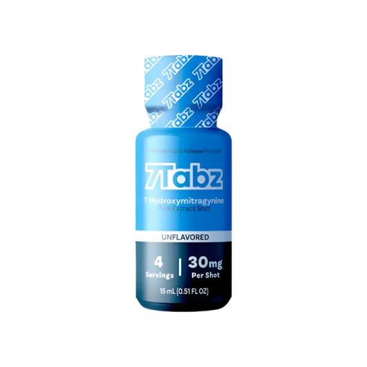 Blue plastic bottle of 7Tabz supplement containing 4 servings at 30mg per shot.