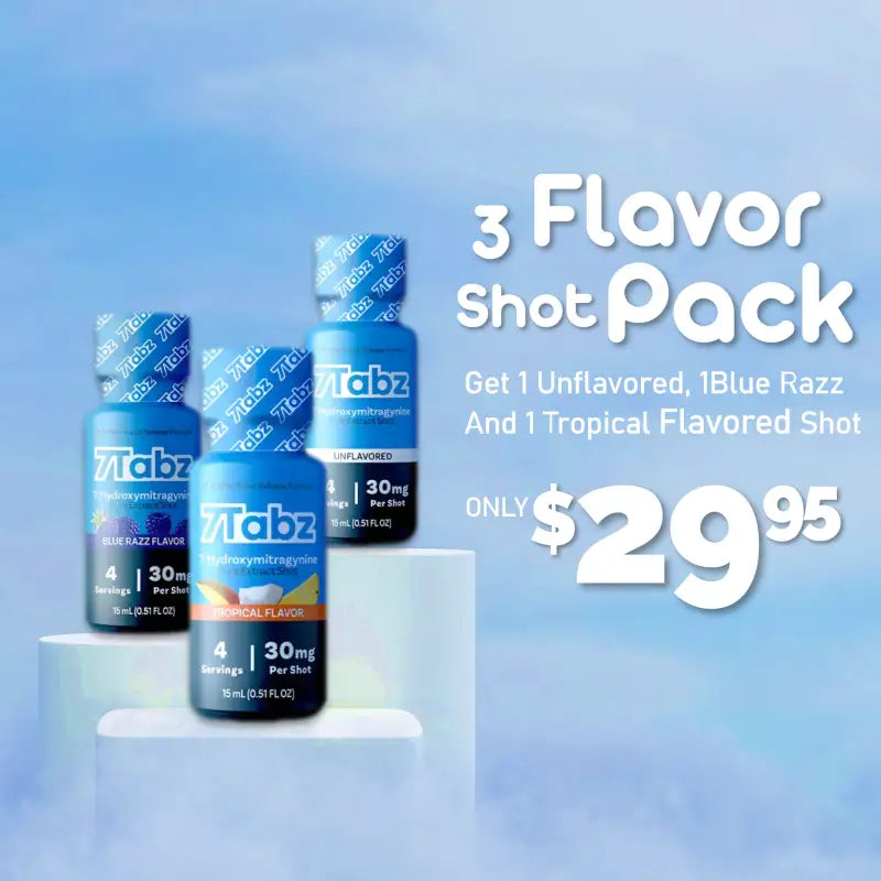 Three blue bottles of Tabz energy shots in a promotional pack advertised for $29.95.