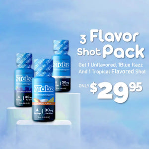 Three blue bottles of Tabz energy shots in a promotional pack advertised for $29.95.