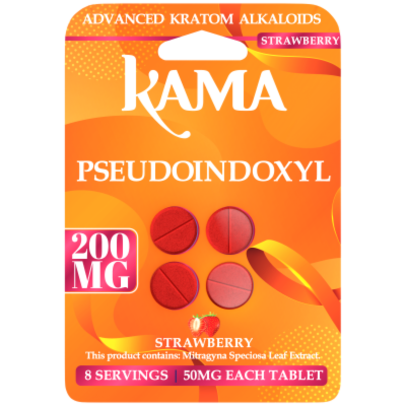 Kama Pseudoindoxyl supplement package with strawberry flavor on an orange background