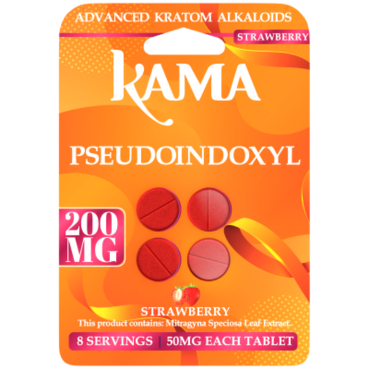 Kama Pseudoindoxyl supplement package with strawberry flavor on an orange background
