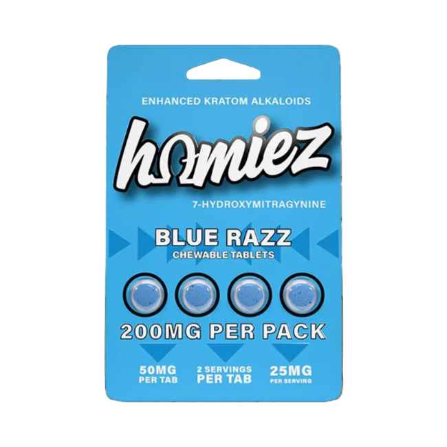 HOMIEZ 7-HYDROXYMITRAGYNINE TABLETS 4CT / 50MG EACH – BLUE RAZZ