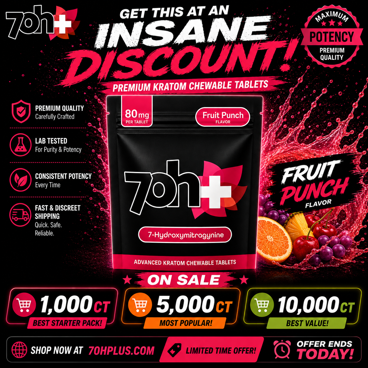 7OH Plus 7-Hydroxymitragymime Chewable Tablets 80mg Per Tablet - Fruit Punch (1000ct, 5000ct, 10000ct)