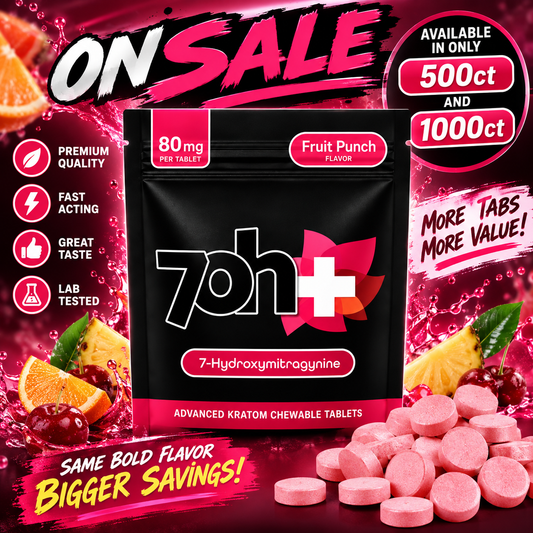 7OH Plus 7-Hydroxymitragymime Chewable Tablets 80mg Per Tablet - Fruit Punch 500ct & 1000ct