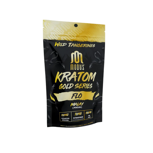 Modus Kratom Gold Series package with yellow and black design on a white background