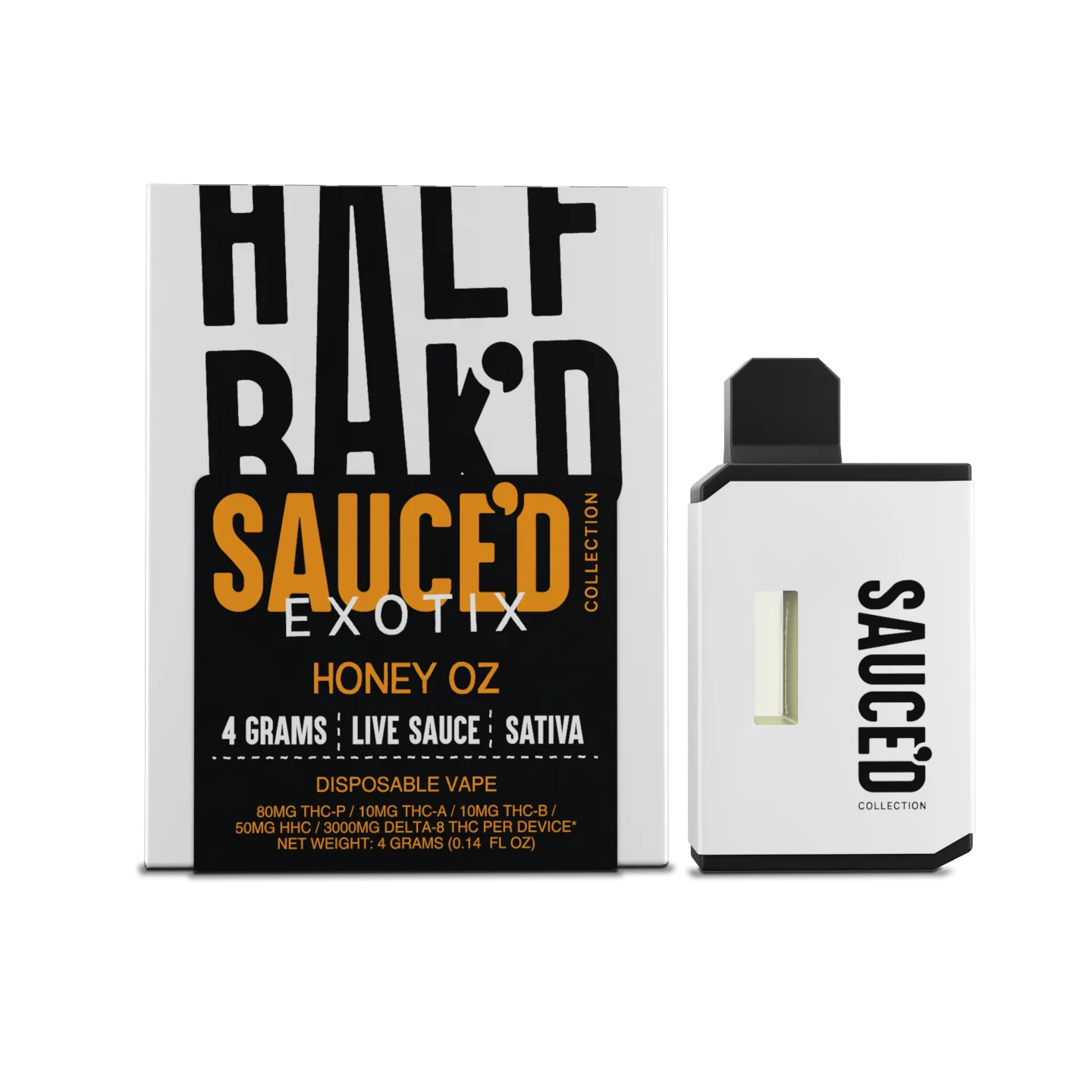 HALF BAKED SAUCED EXOTIX HONEY  4 GRAMS LIVE SAUCE INDICA DISPOSABLE VAPE 80MG THC-P 5OMH HHC/