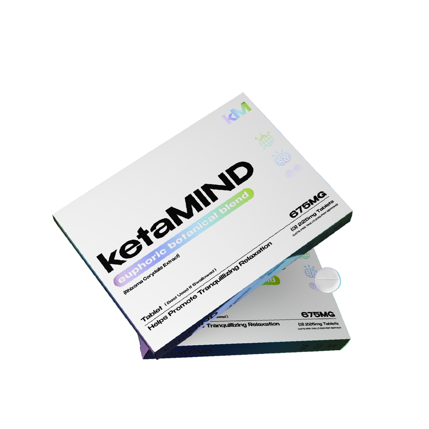 Box of ketaMIND supplement with white pills on a gradient background