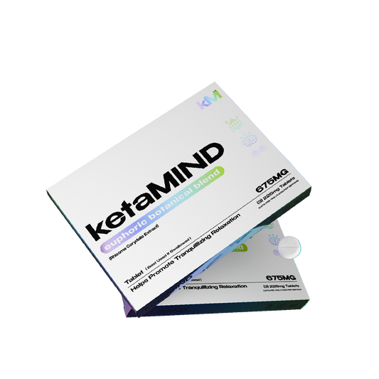 Box of ketaMIND supplement with white pills on a gradient background