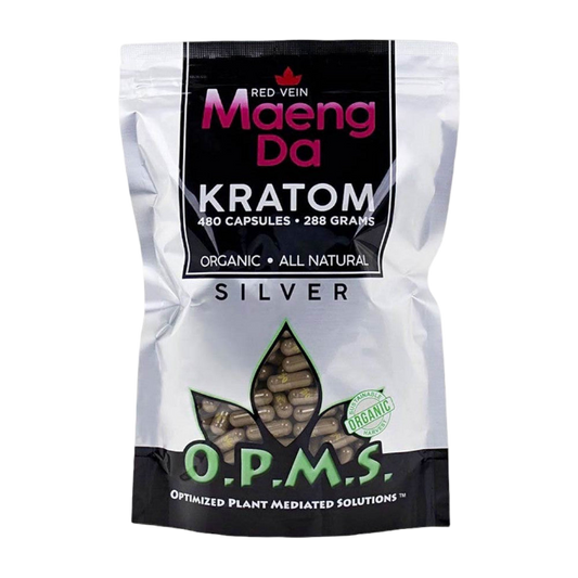 O.P.M.S. SILVER KRATOM CAPSULES 480CT / 288G / 10.16OZ – MAENG DA RED VEIN - Seven Tech