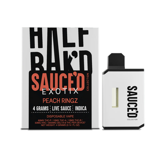 HALF BAKED SAUCED EXOTIX PEACH RINGS SOUFFLE  4 GRAMS LIVE SAUCE INDICA DISPOSABLE VAPE 80MG THC-P 5OMH HHC/