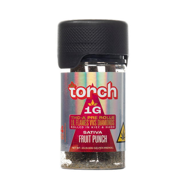 Torch THC-A Pre-Rolls Lil Flames VVS Diamonds Rolled in Kief and Hash 1g 4ct Jar Fruit Punch Sativa