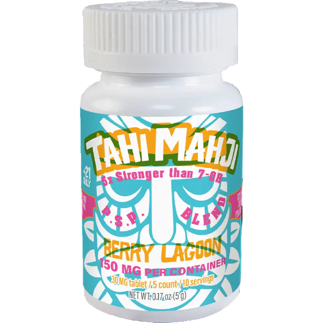 Bottle of Tahi Mahuj Berry Lagoon with colorful label on a white background