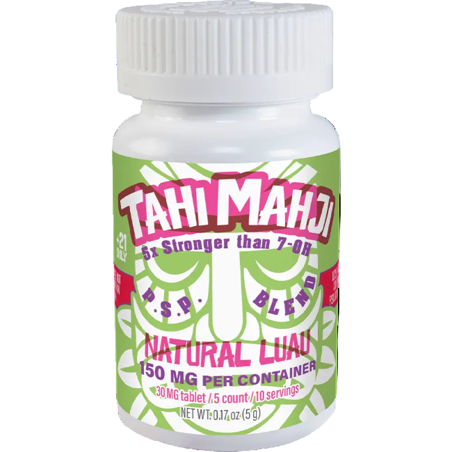 Bottle of Tahi Mahji Natural Luau supplement with green and pink label on a white background