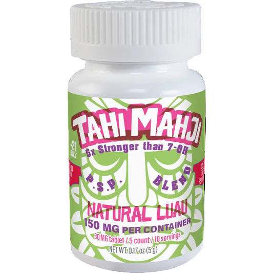 Bottle of Tahi Mahji Natural Luau supplement with green and pink label on a white background
